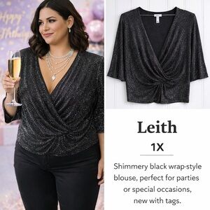 ✨ Leith Sparkly Party Blouse 1X | Draped V-Neck Stretchy Formal Top ✨